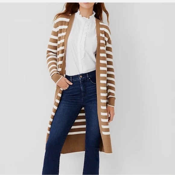 Ann Taylor Sweaters - 🛍️ Ann Taylor Brown & Cream Striped Duster Cardigan M